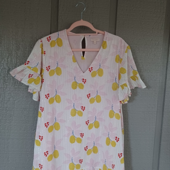 Pink Chicken Lemon Print Halsey Mini Dress Size S Women Tie Waist Metallic - Picture 2 of 13